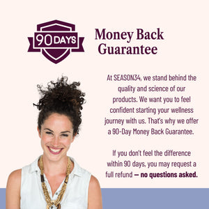 Promotional graphic with a woman and text about a 90-day money-back guarantee from SEASON34.