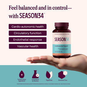 SEASON34 supplement bottle held in a hand with product features listed on a white background