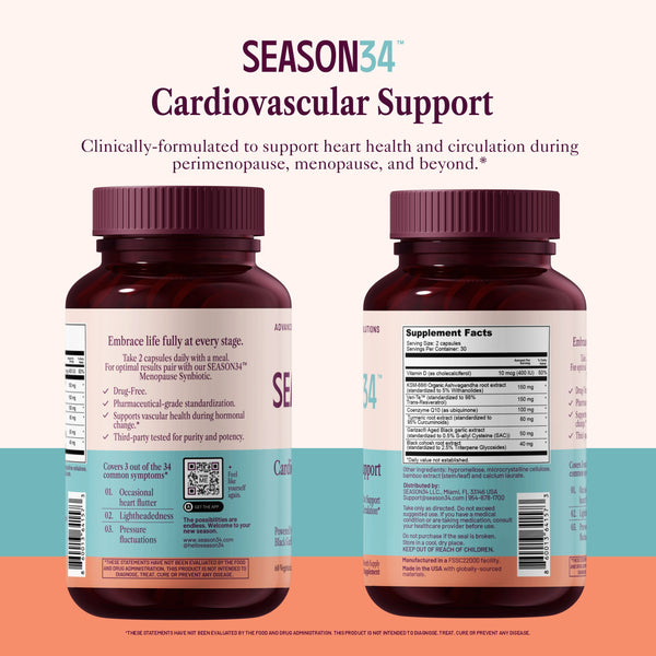 Two bottles of SEASON34 Cardiovascular Support supplement on a white background