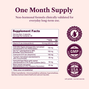 Supplement label with ingredient list and certification logos on a light purple background