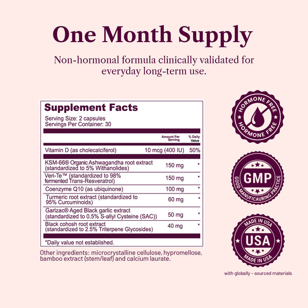 Supplement label with ingredient list and certification logos on a light purple background