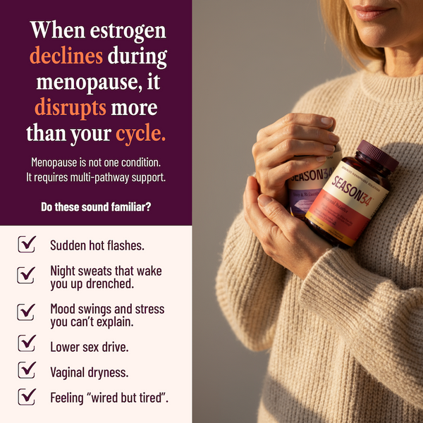 Person holding two bottles of Seasona menopause support supplement with text about menopause symptoms and support.