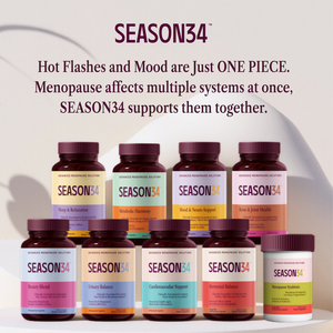 SEASON34 menopause support products on a white background with promotional text.