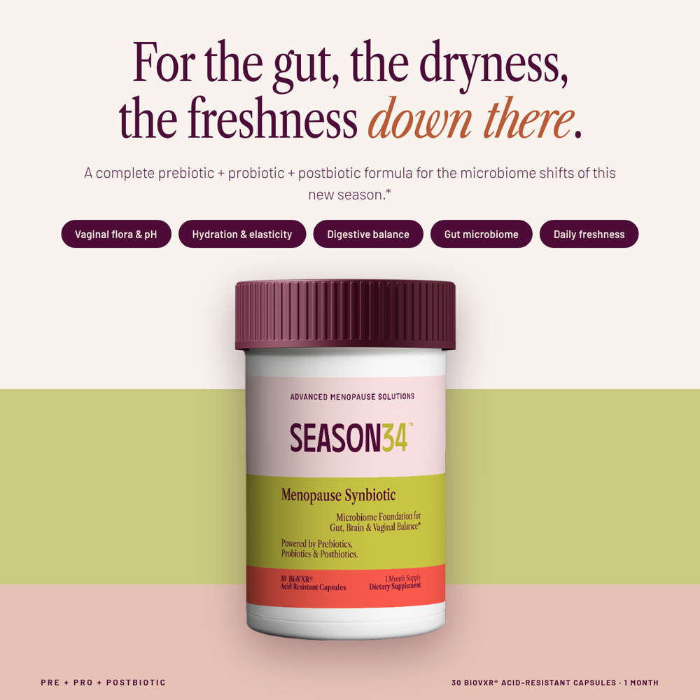 SEASON34 Menopause Synbiotic bottle — daily pre + pro + postbiotic microbiome support for menopause.