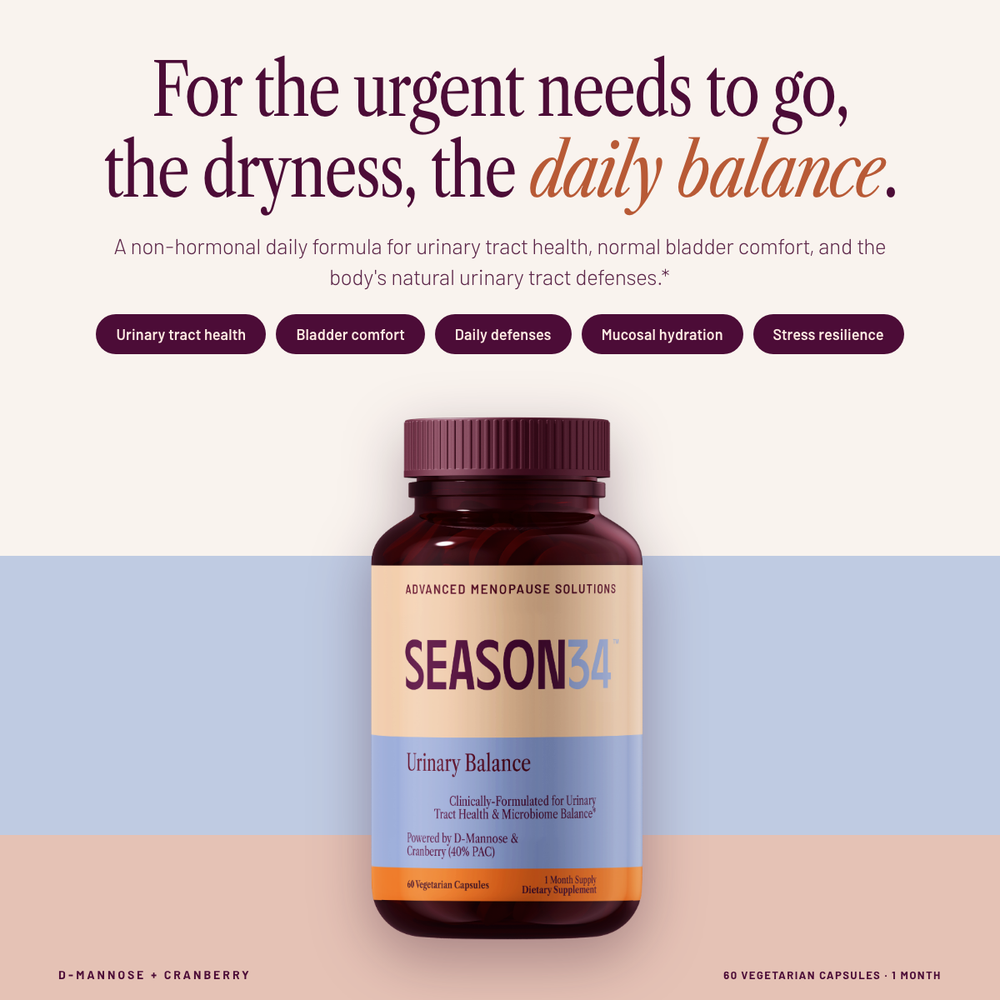 SEASON34 Urinary Balance bottle — daily non-hormonal urinary tract and bladder comfort support for menopause.