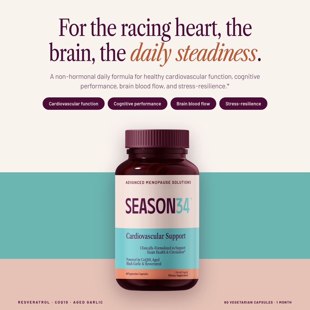 SEASON34 Cardiovascular Support bottle — daily heart-mind support for menopause.