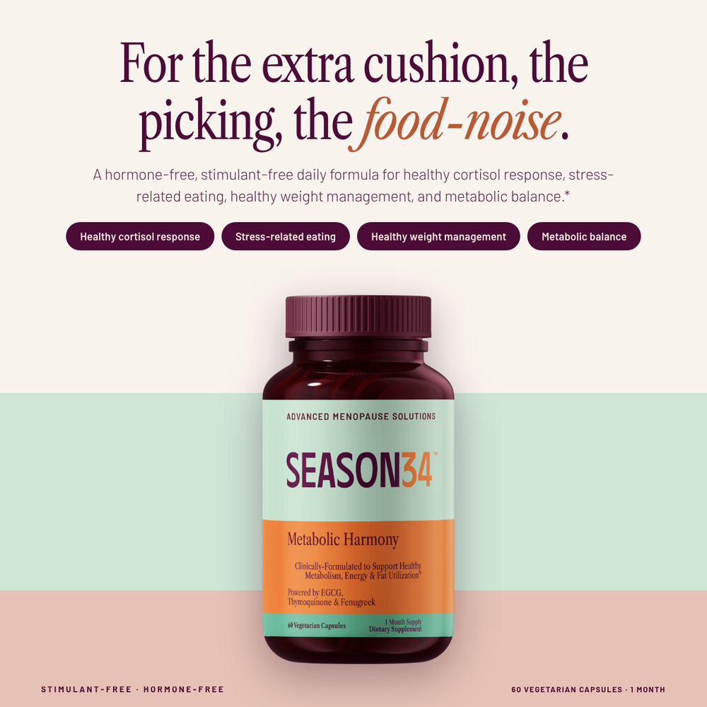 SEASON34 Metabolic Harmony bottle — daily stimulant-free metabolic support for menopause.