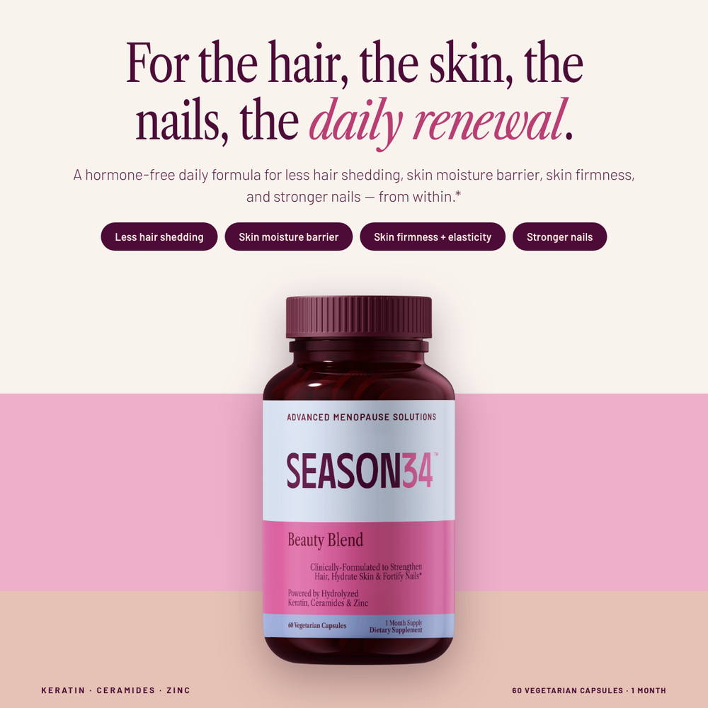 SEASON34 Beauty Blend bottle — daily hair, skin, and nails support for menopause.