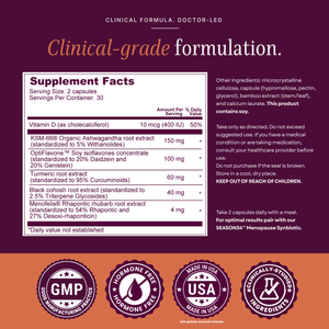 SEASON34 Hormonal Balance supplement facts panel and quality seals.