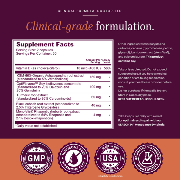 SEASON34 Hormonal Balance supplement facts panel and quality seals.