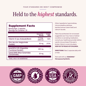 SEASON34 Beauty Blend supplement facts panel and quality seals.