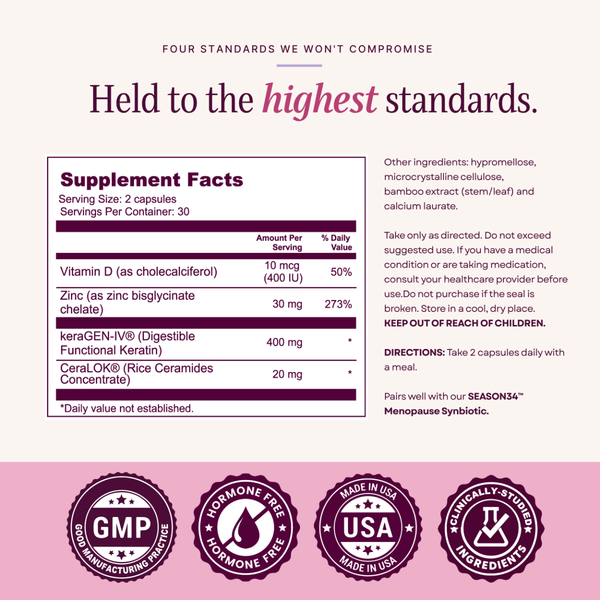 SEASON34 Beauty Blend supplement facts panel and quality seals.