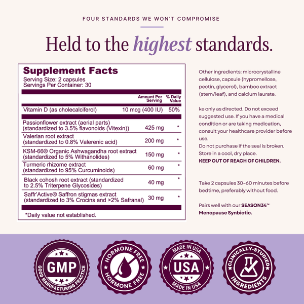 SEASON34 Sleep & Relaxation supplement facts panel and quality seals.