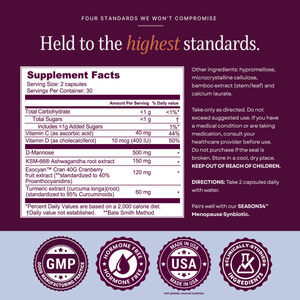 SEASON34 Urinary Balance supplement facts panel and quality seals.