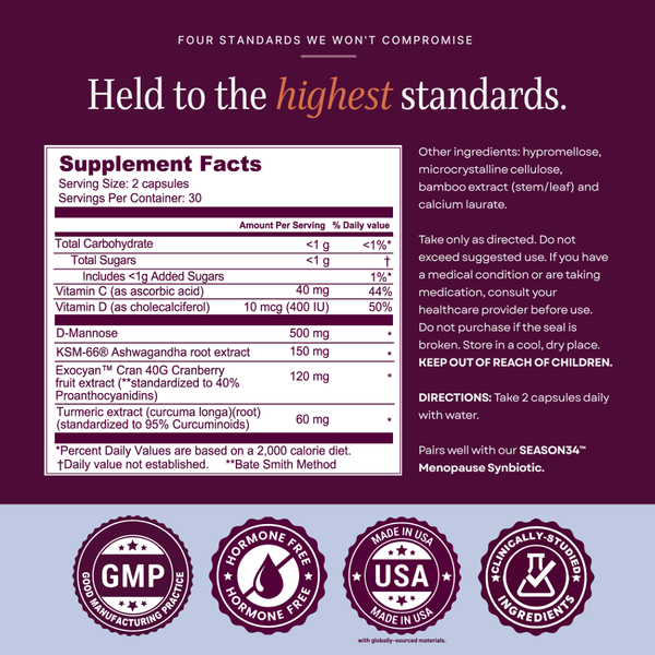 SEASON34 Urinary Balance supplement facts panel and quality seals.
