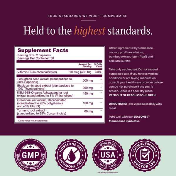 SEASON34 Metabolic Harmony supplement facts panel and quality seals.