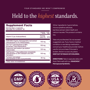 SEASON34 Bone & Joint Health supplement facts panel and quality seals.