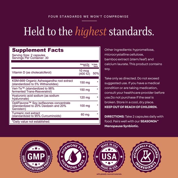 SEASON34 Bone & Joint Health supplement facts panel and quality seals.