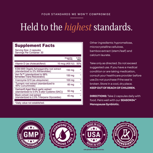 SEASON34 Cardiovascular Support supplement facts panel and quality seals.