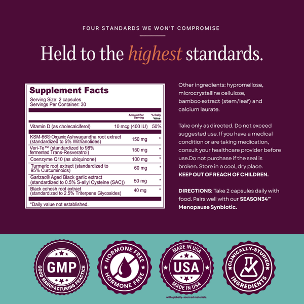 SEASON34 Cardiovascular Support supplement facts panel and quality seals.