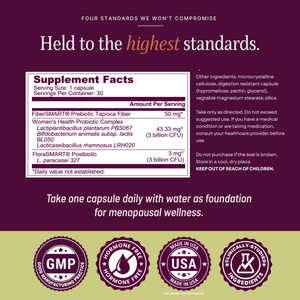 SEASON34 Menopause Synbiotic supplement facts panel and quality seals.