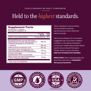 SEASON34 Mood & Neuro Support supplement facts panel and quality seals.