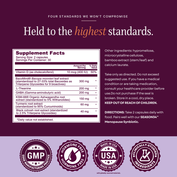 SEASON34 Mood & Neuro Support supplement facts panel and quality seals.
