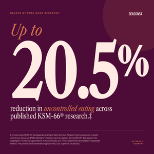 SEASON34 Metabolic Harmony — up to 20.5 percent reduction in uncontrolled eating across published KSM-66 research.