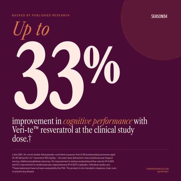 SEASON34 Cardiovascular Support — up to 33 percent improvement in cognitive performance with Veri-te resveratrol at the clinical study dose.
