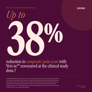 SEASON34 Bone & Joint Health — up to 38 percent reduction in composite pain score with Veri-te trans-resveratrol at the clinical study dose.