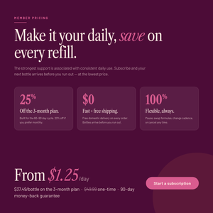 SEASON34 Beauty Blend subscription pricing — from $1.25 a day on the 3-month plan.
