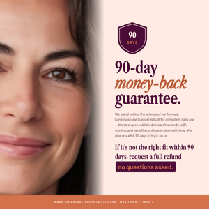SEASON34 Cardiovascular Support 90-day money-back guarantee.