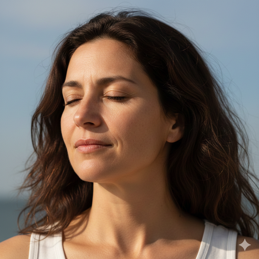 A woman during menopause, calm in golden light.